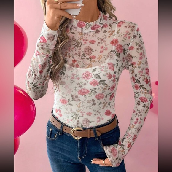 Tops - Floral Long Sleeve Top - Pink and White